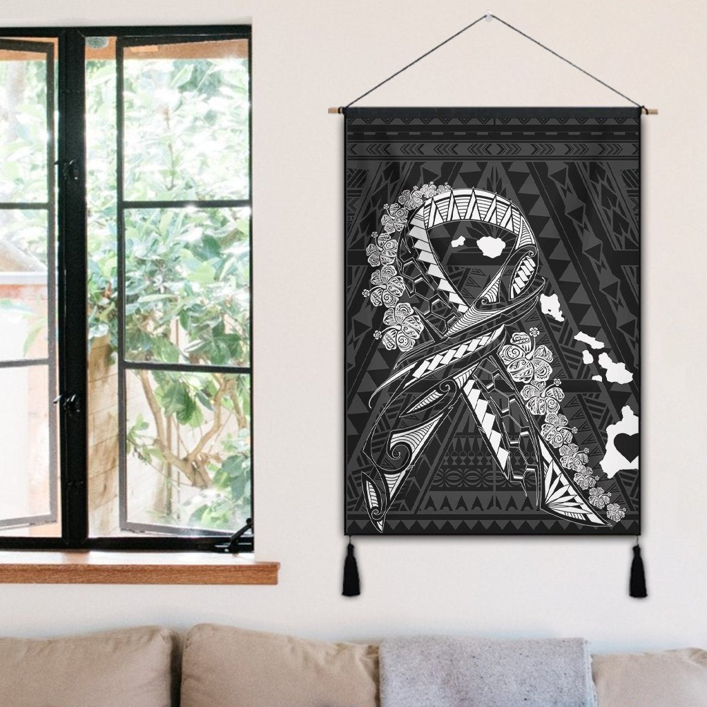 Hawaiian Map Heart Ribbon Cancer Hibiscus White Polynesian Hanging Poster - AH - Polynesian Pride