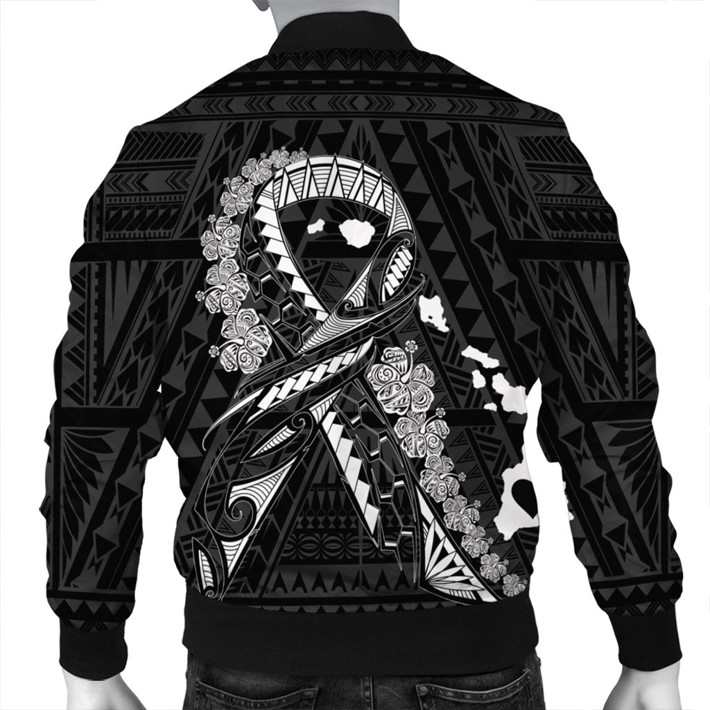 Hawaiian Map Heart Ribbon Cancer Hibiscus White Polynesian Bomber Jacket - AH - Polynesian Pride