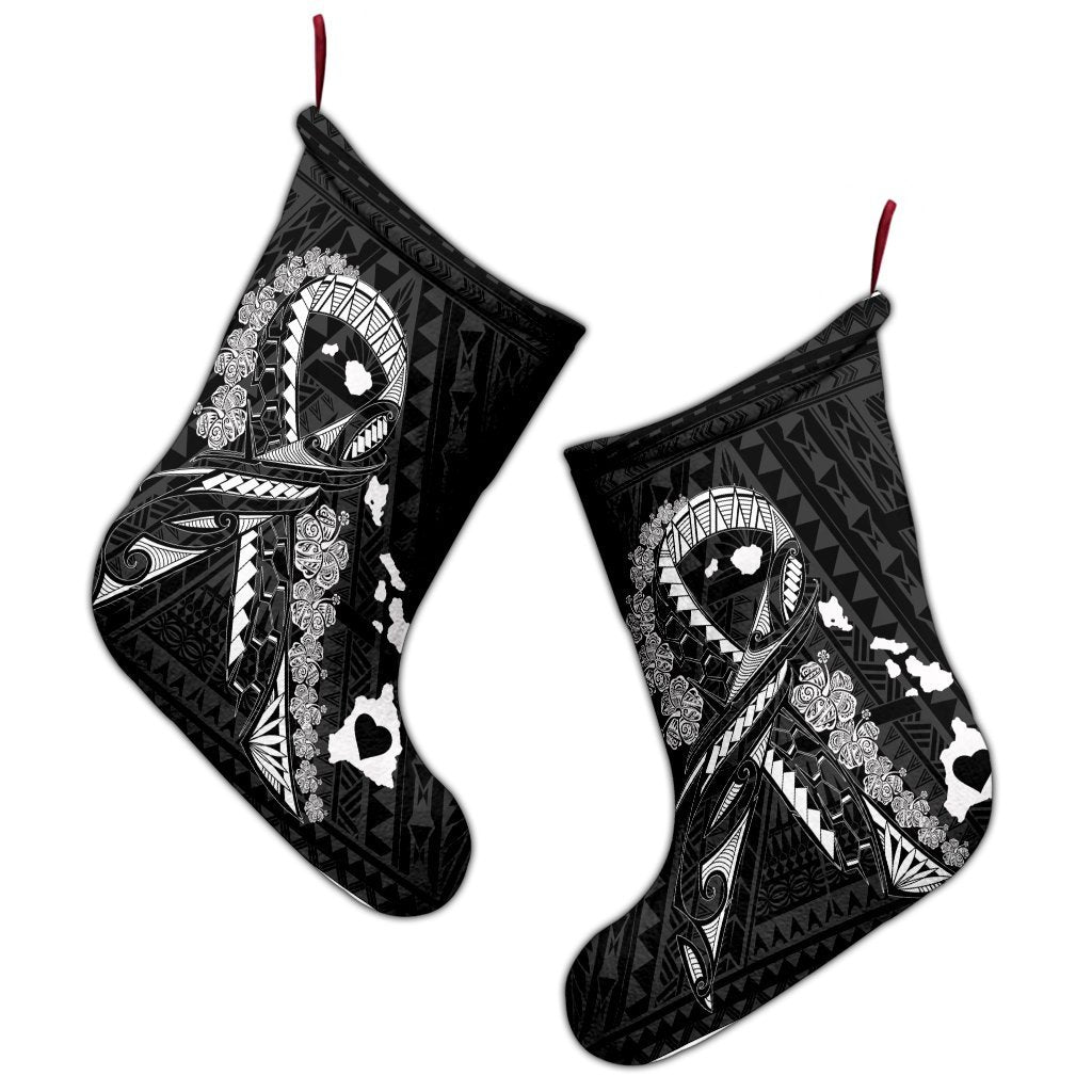 Hawaiian Map Heart Ribbon Cancer Hibiscus White Polynesian Christmas Stocking - AH - Polynesian Pride