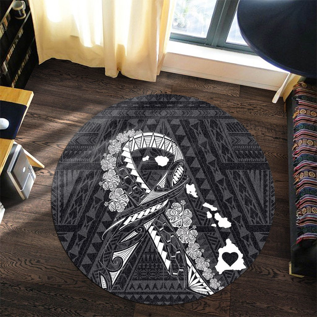 Hawaiian Map Heart Ribbon Cancer Hibiscus White Polynesian Round Carpet - AH - Polynesian Pride