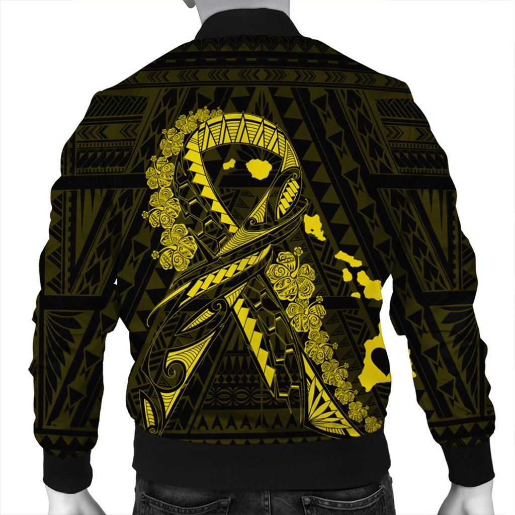 Hawaiian Map Heart Ribbon Cancer Hibiscus Yellow Polynesian Bomber Jacket - AH - Polynesian Pride