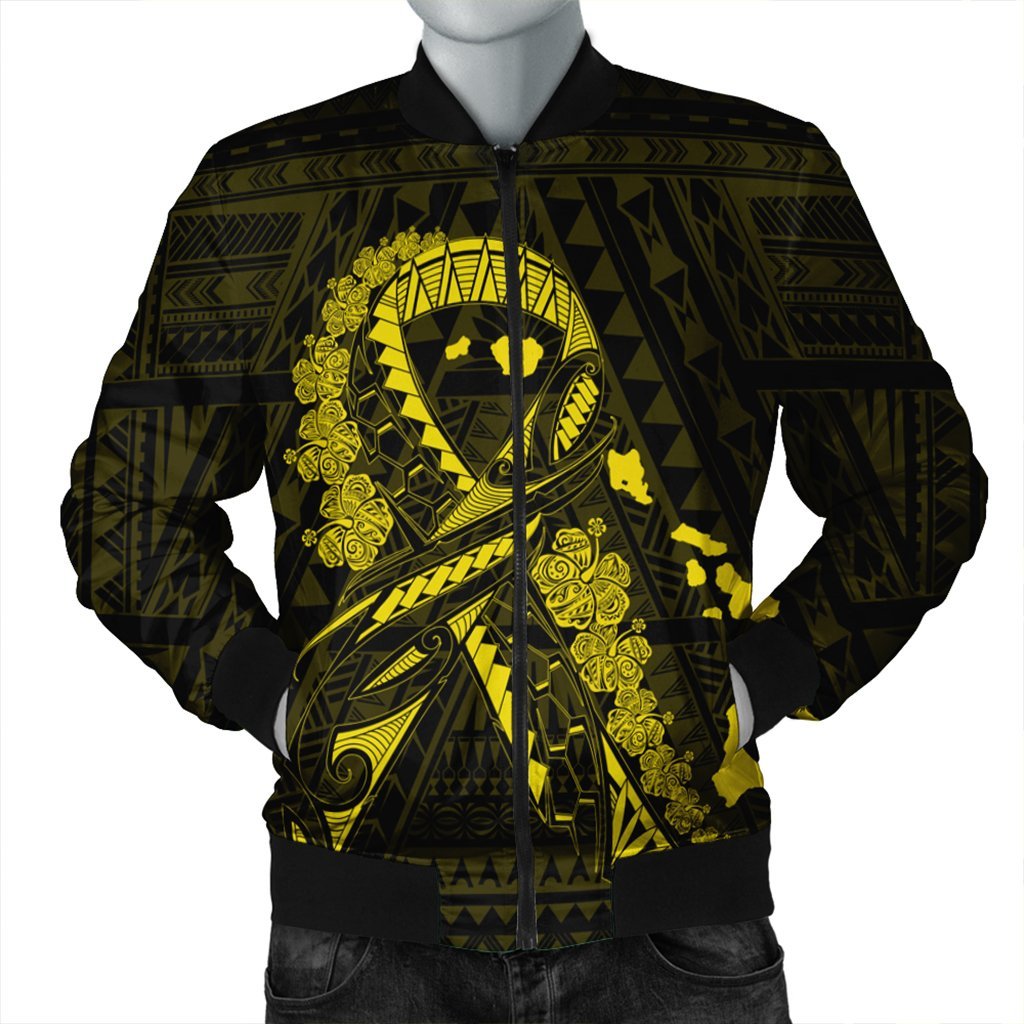 Hawaiian Map Heart Ribbon Cancer Hibiscus Yellow Polynesian Bomber Jacket - AH Black Unisex - Polynesian Pride