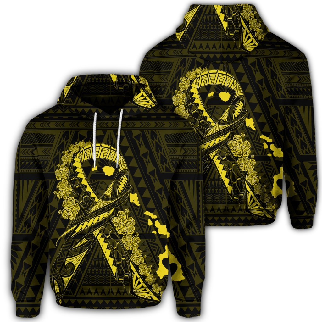 Hawaiian Map Heart Ribbon Cancer Hibiscus Yellow Polynesian Hoodie Unisex Art - Polynesian Pride