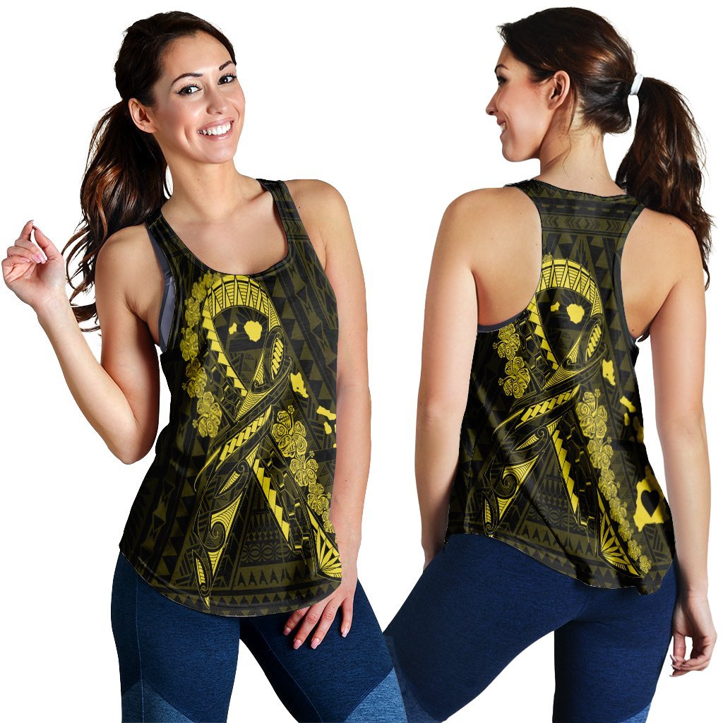 Hawaiian Map Heart Ribbon Cancer Hibiscus Yellow Polynesian Racerback Tank - AH Black - Polynesian Pride
