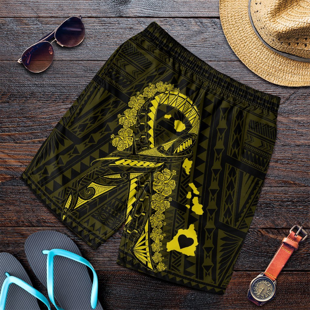 Hawaiian Map Heart Ribbon Cancer Hibiscus Yellow Polynesian Men's Shorts - AH Art - Polynesian Pride