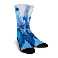 Hawaiian Map Hibiscus Flower Turtle Polynesian Crew Socks Blue - AH - Polynesian Pride