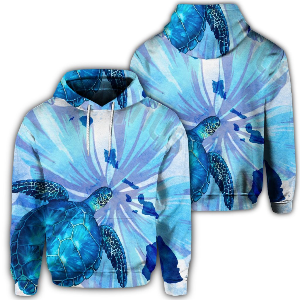 Hawaiian Map Hibiscus Flower Turtle Polynesian Hoodie Blue Unisex Art - Polynesian Pride