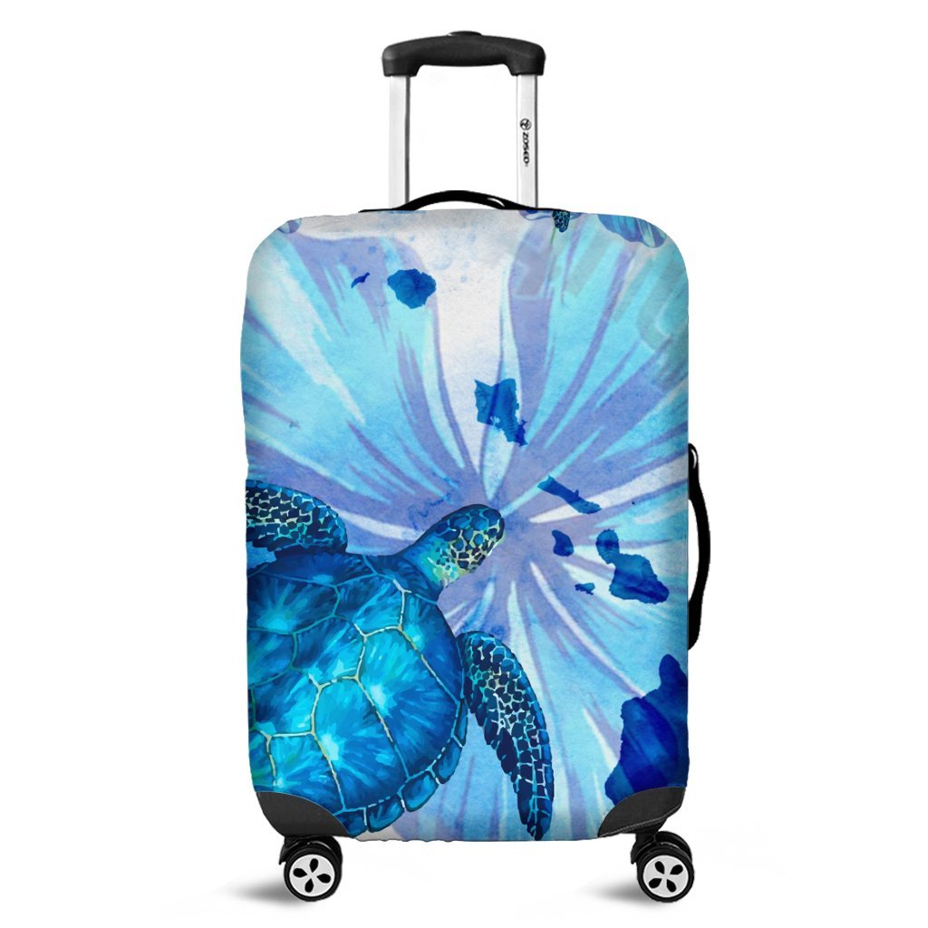 Hawaiian Map Hibiscus Flower Turtle Polynesian Luggage Covers Blue - AH Black - Polynesian Pride