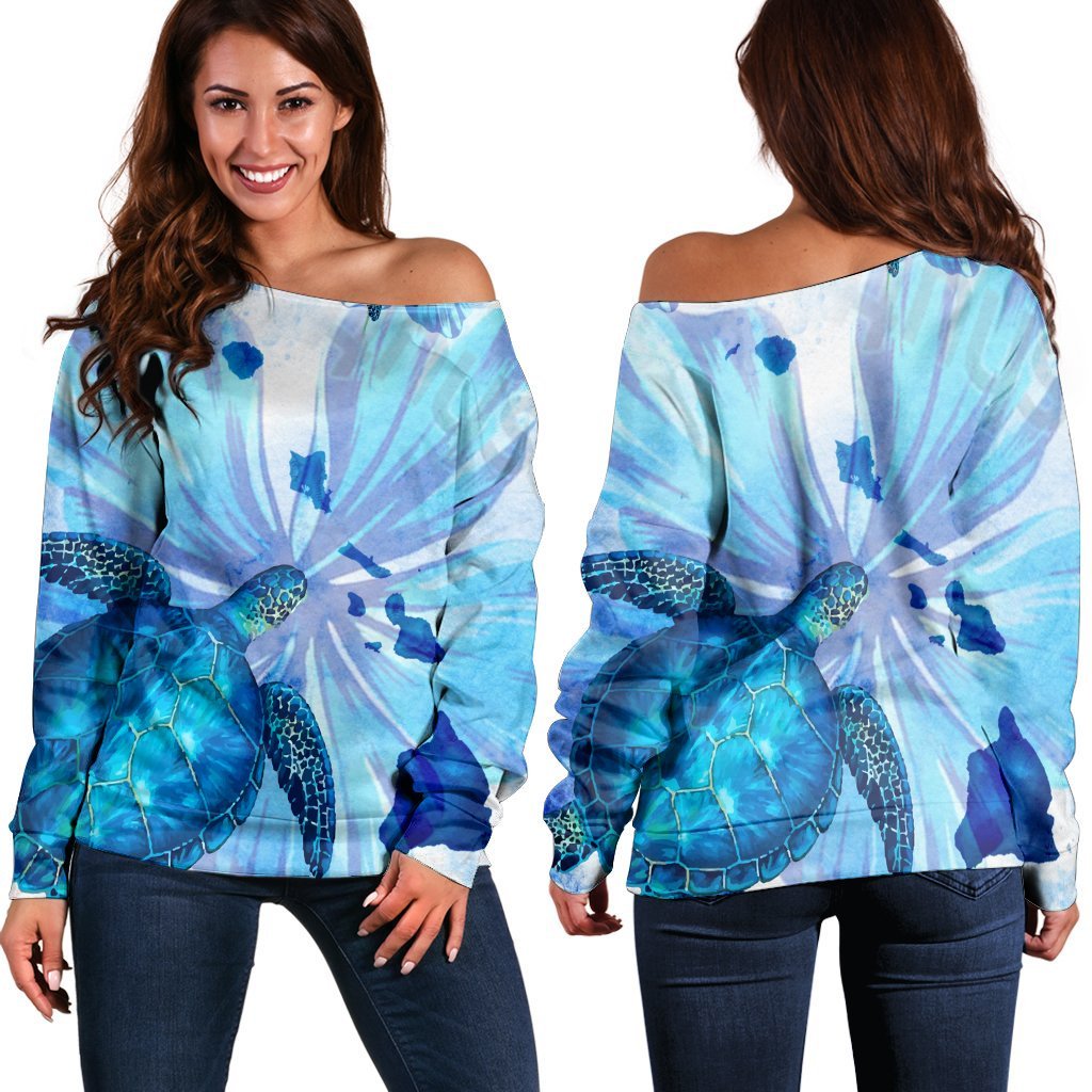 Hawaiian Map Hibiscus Flower Turtle Polynesian Women's Off Shoulder Sweater Blue - AH Black - Polynesian Pride