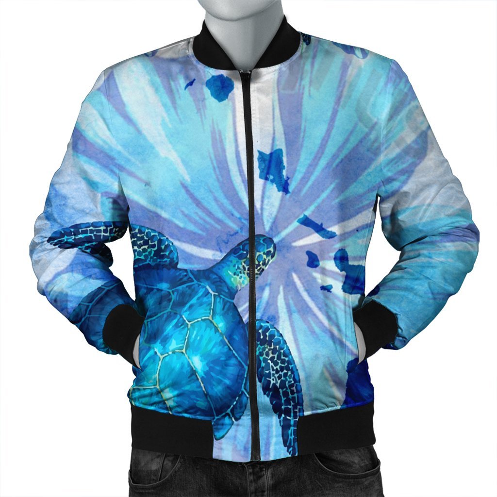 Hawaiian Map Hibiscus Flower Turtle Polynesian Bomber Jacket Blue - AH Black Unisex - Polynesian Pride
