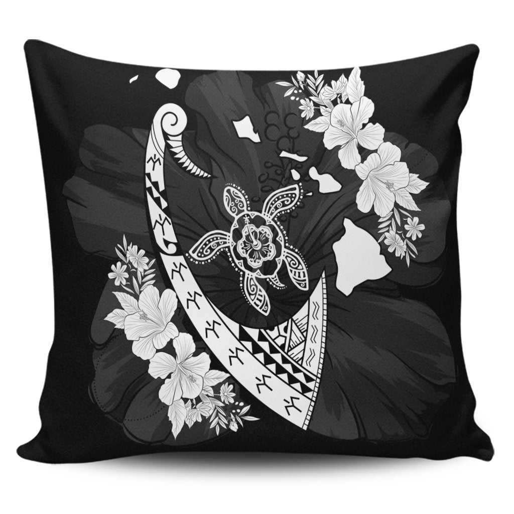 Hawaiian Map Hibiscus Turtle Fish Hook Polynesian Pillow Covers - AH Pillow Covers Black - Polynesian Pride