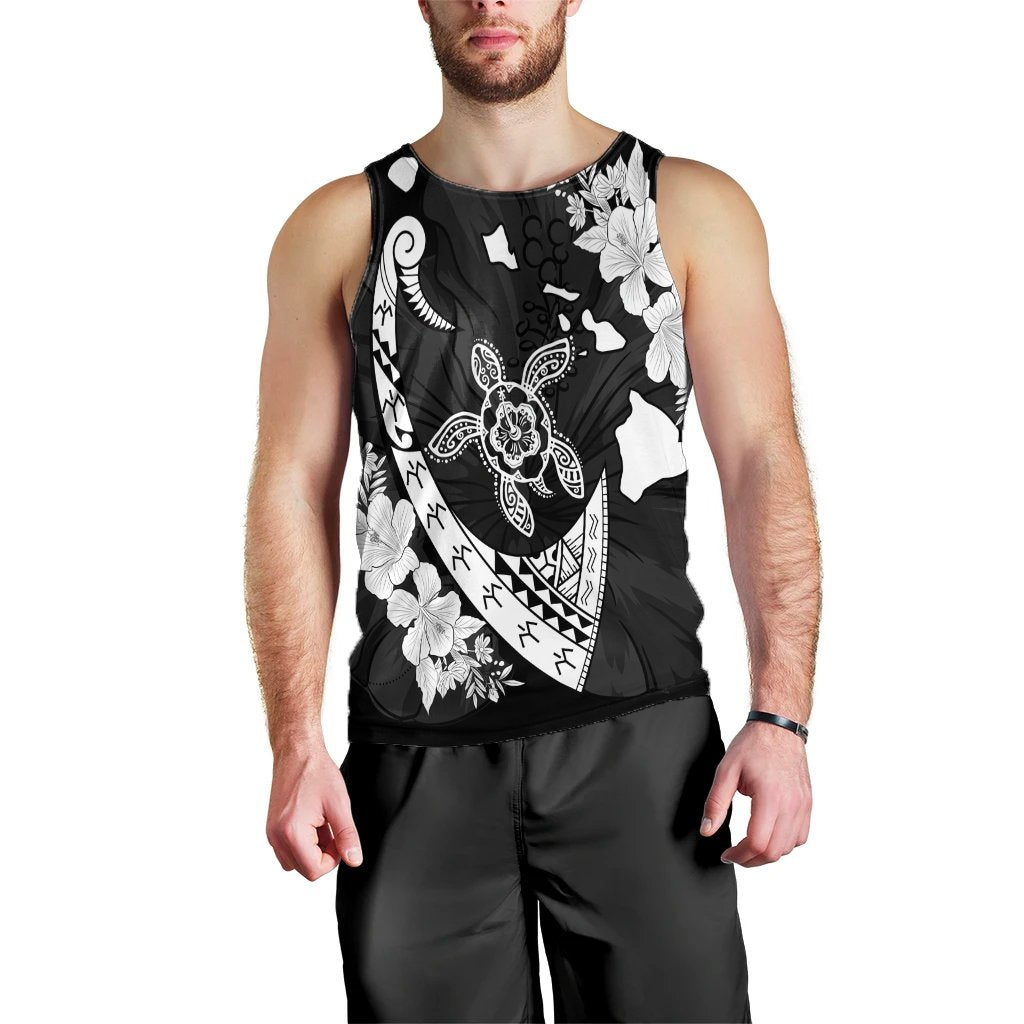 Hawaiian Map Hibiscus Turtle Fish Hook Polynesian Tank Top - AH Black - Polynesian Pride