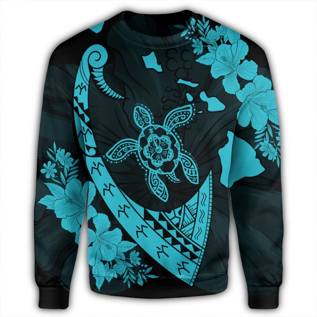Hawaiian Map Hibiscus Turtle Fish Hook Polynesian Sweatshirt Blue - AH - Polynesian Pride