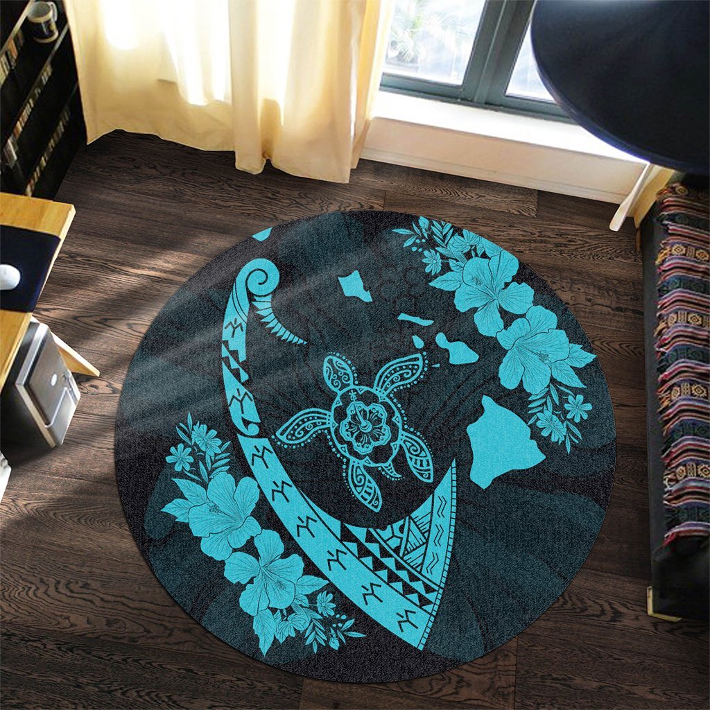 Hawaiian Map Hibiscus Turtle Fish Hook Polynesian Round Carpet Blue - AH - Polynesian Pride