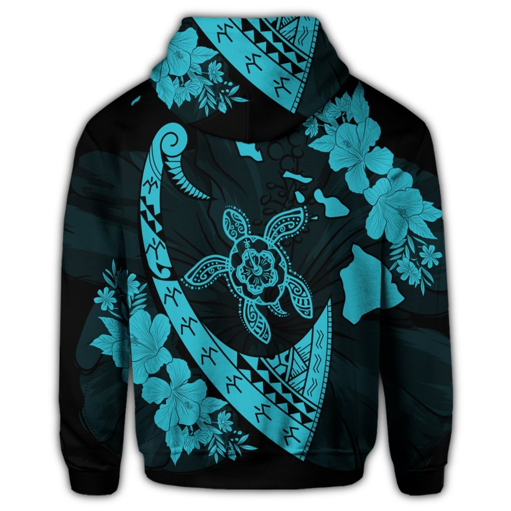 Hawaiian Map Hibiscus Turtle Fish Hook Polynesian Zip Hoodie Blue - Polynesian Pride