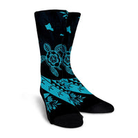 Hawaiian Map Hibiscus Turtle Fish Hook Polynesian Crew Socks Blue - AH - Polynesian Pride