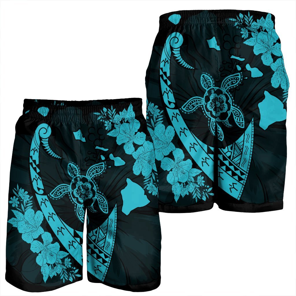 Hawaiian Map Hibiscus Turtle Fish Hook Polynesian Men's Shorts Blue - AH - Polynesian Pride