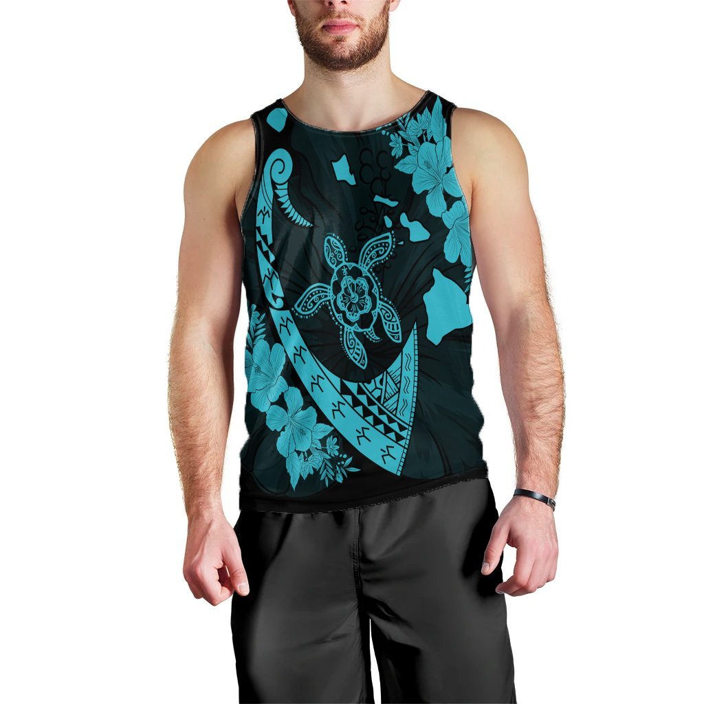 Hawaiian Map Hibiscus Turtle Fish Hook Polynesian Tank Top Blue - AH Black - Polynesian Pride