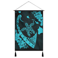 Hawaiian Map Hibiscus Turtle Fish Hook Polynesian Hanging Poster Blue - AH Hanging Poster Cotton And Linen - Polynesian Pride
