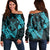 Hawaiian Map Hibiscus Turtle Fish Hook Polynesian Women's Off Shoulder Sweater Blue - AH Black - Polynesian Pride