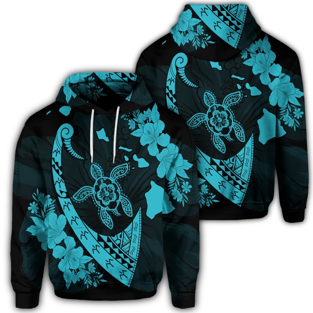 Hawaiian Map Hibiscus Turtle Fish Hook Polynesian Hoodie Blue Unisex Art - Polynesian Pride