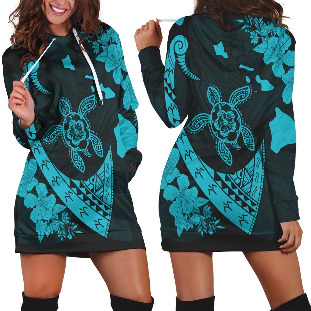 Hawaiian Map Hibiscus Turtle Fish Hook Polynesian Hoodie Dress Blue - AH Black - Polynesian Pride