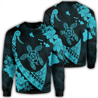 Hawaiian Map Hibiscus Turtle Fish Hook Polynesian Sweatshirt Blue - AH Unisex Black - Polynesian Pride