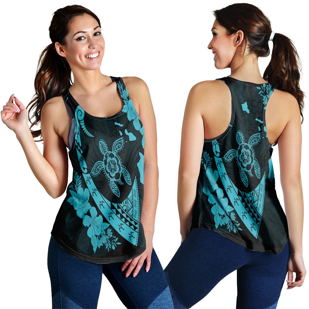 Hawaiian Map Hibiscus Turtle Fish Hook Polynesian Racerback Tank Blue - AH Black - Polynesian Pride
