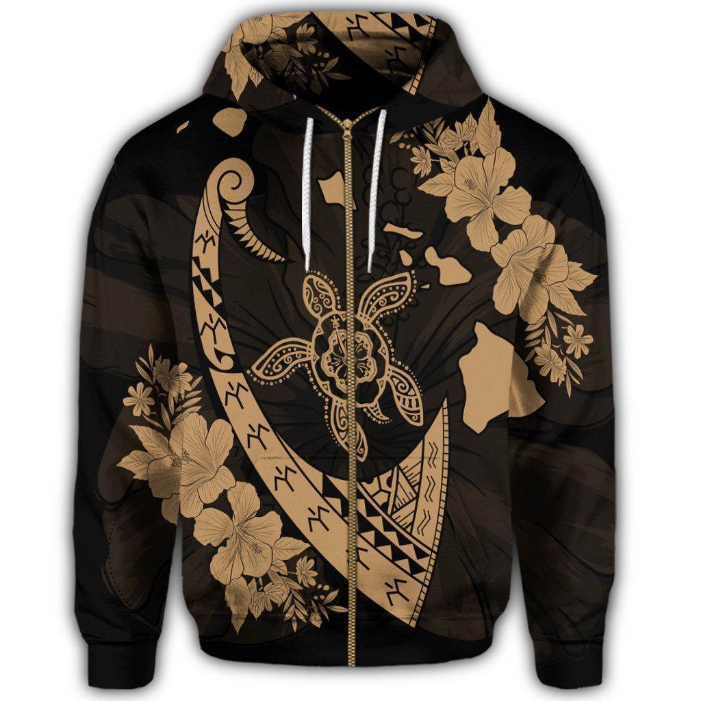 Hawaiian Map Hibiscus Turtle Fish Hook Polynesian Zip Hoodie Gold - Polynesian Pride
