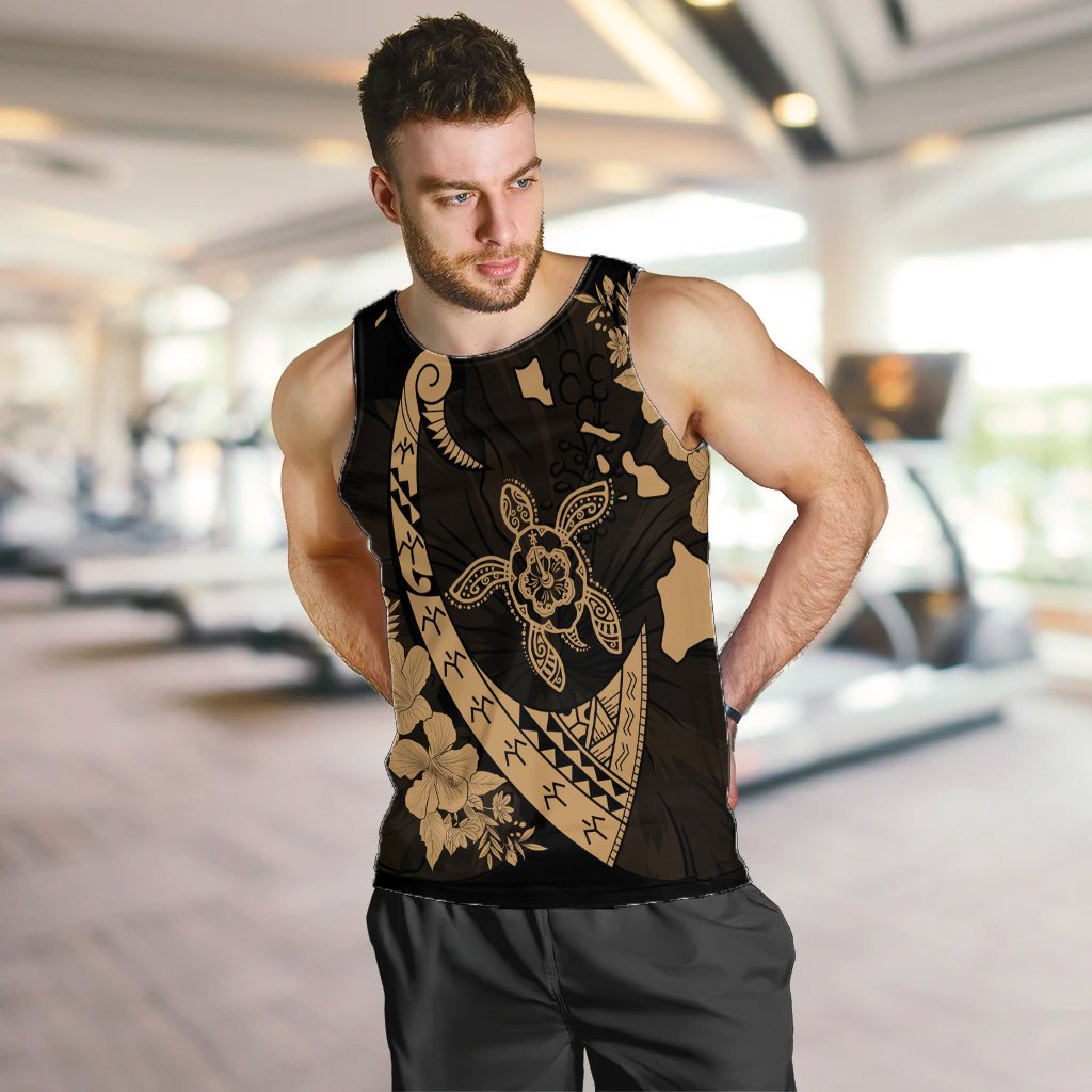 Hawaiian Map Hibiscus Turtle Fish Hook Polynesian Tank Top Gold - AH - Polynesian Pride