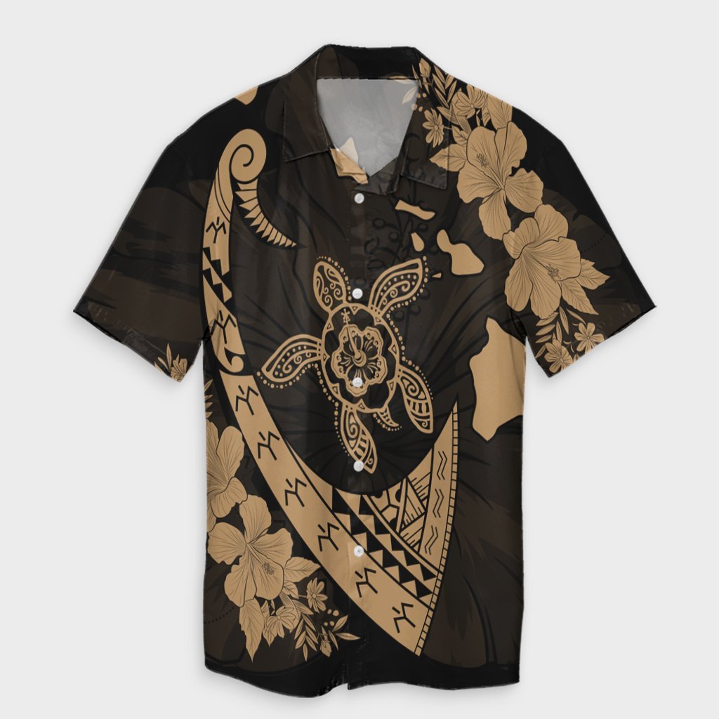 Hawaiian Map Hibiscus Turtle Fish Hook Polynesian Hawaiian Shirt Gold - AH Unisex Black - Polynesian Pride