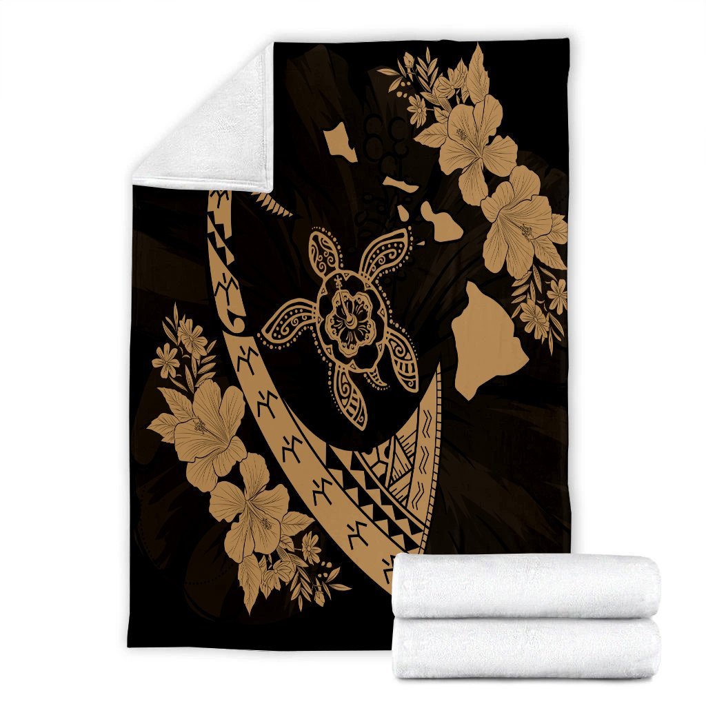 Hawaiian Map Hibiscus Turtle Fish Hook Polynesian Premium Blankets Gold - AH - Polynesian Pride