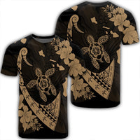 Hawaiian Map Hibiscus Turtle Fish Hook Polynesian T Shirt Gold Unisex Black - Polynesian Pride