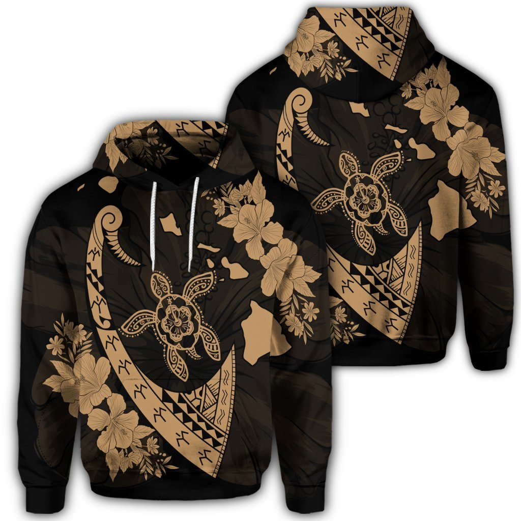 Hawaiian Map Hibiscus Turtle Fish Hook Polynesian Hoodie Gold Unisex Art - Polynesian Pride