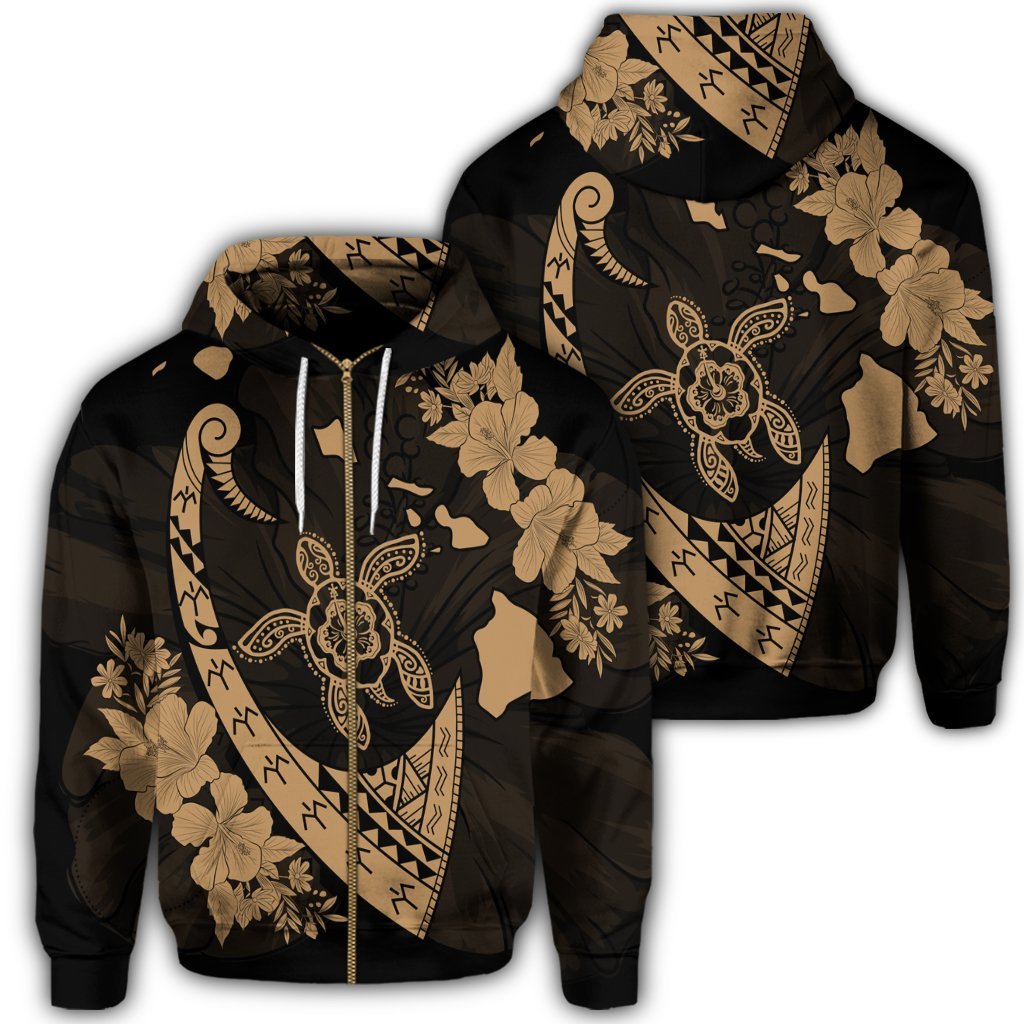 Hawaiian Map Hibiscus Turtle Fish Hook Polynesian Zip Hoodie Gold Unisex Art - Polynesian Pride