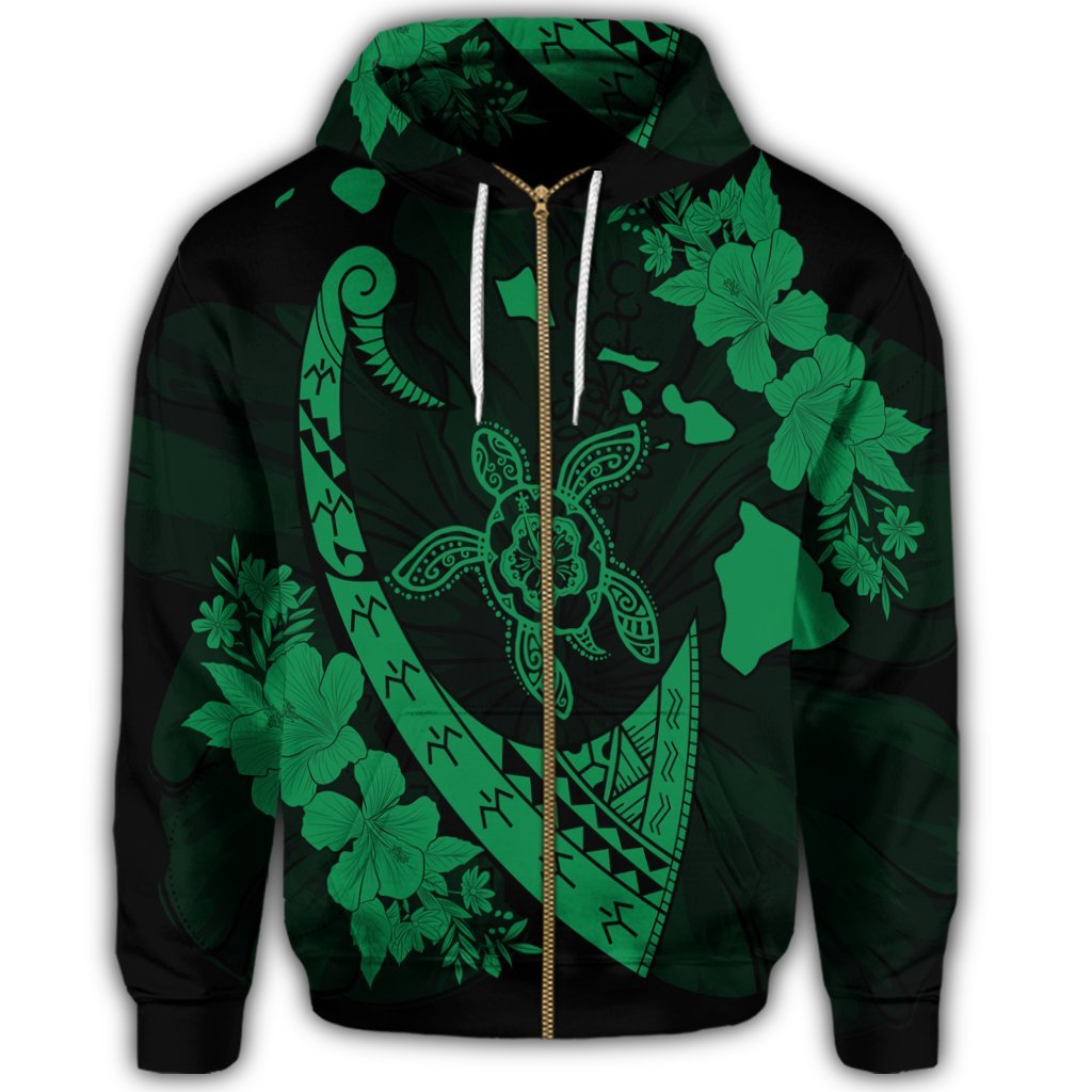 Hawaiian Map Hibiscus Turtle Fish Hook Polynesian Zip Hoodie Green - Polynesian Pride