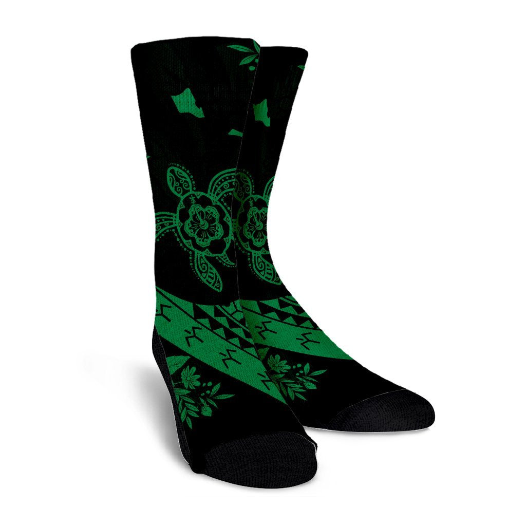 Hawaiian Map Hibiscus Turtle Fish Hook Polynesian Crew Socks Green - AH - Polynesian Pride