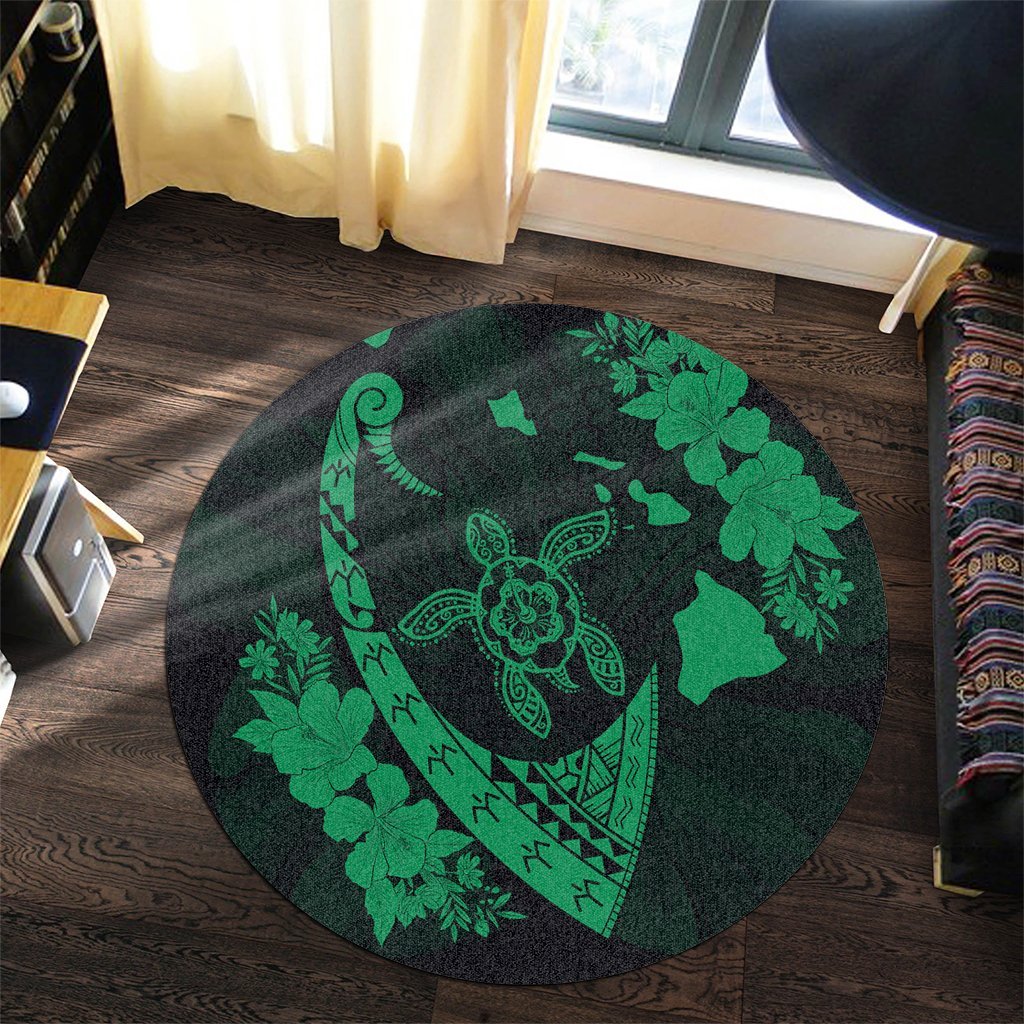Hawaiian Map Hibiscus Turtle Fish Hook Polynesian Round Carpet Green - AH - Polynesian Pride