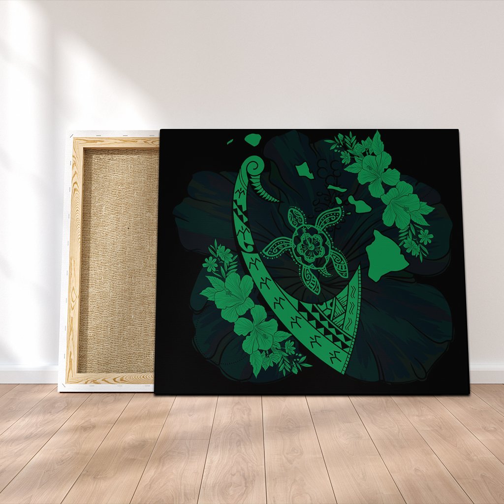 Hawaiian Map Hibiscus Turtle Fish Hook Polynesian Canvas Green - AH Canvas Poly-cotton - Polynesian Pride