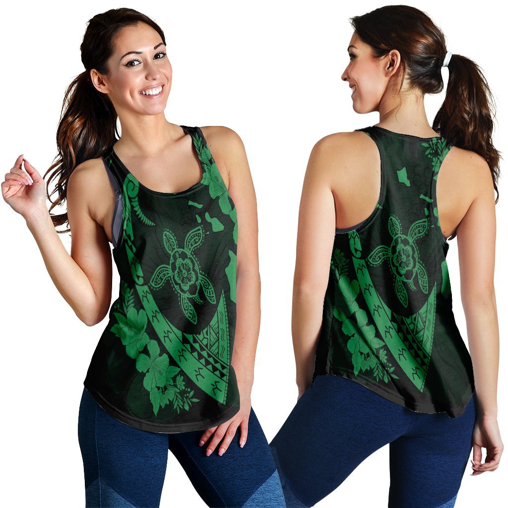 Hawaiian Map Hibiscus Turtle Fish Hook Polynesian Racerback Tank Green - AH Black - Polynesian Pride