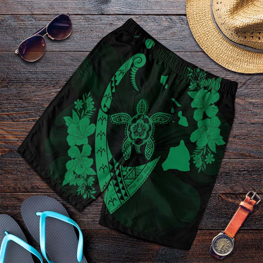 Hawaiian Map Hibiscus Turtle Fish Hook Polynesian Men's Shorts Green - AH Art - Polynesian Pride