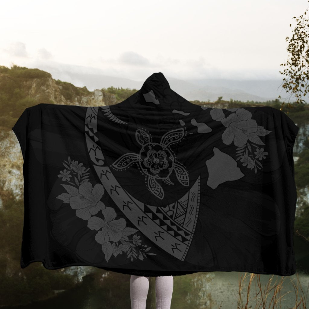 Hawaiian Map Hibiscus Turtle Fish Hook Polynesian Hooded Blanket Grey - AH - Polynesian Pride