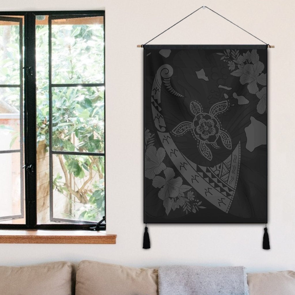 Hawaiian Map Hibiscus Turtle Fish Hook Polynesian Hanging Poster Grey - AH - Polynesian Pride