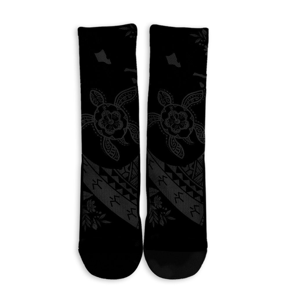 Hawaiian Map Hibiscus Turtle Fish Hook Polynesian Crew Socks Grey - AH - Polynesian Pride