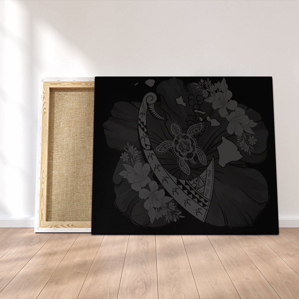 Hawaiian Map Hibiscus Turtle Fish Hook Polynesian Canvas Grey - AH Canvas Poly-cotton - Polynesian Pride