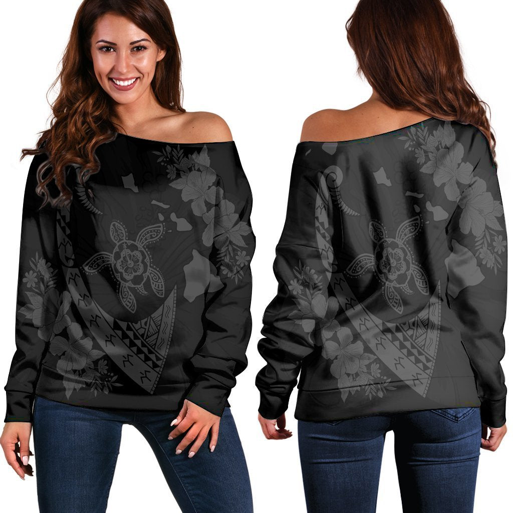 Hawaiian Map Hibiscus Turtle Fish Hook Polynesian Women's Off Shoulder Sweater Grey - AH Black - Polynesian Pride