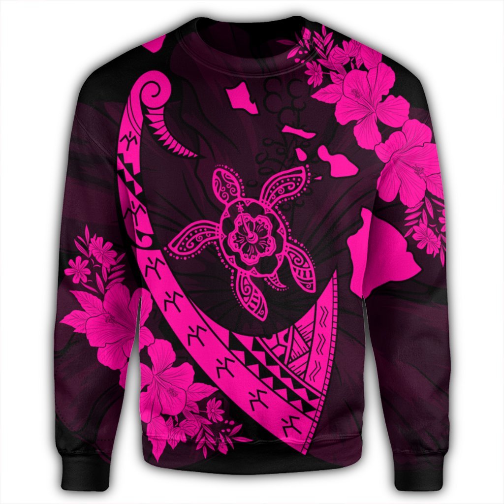 Hawaiian Map Hibiscus Turtle Fish Hook Polynesian Sweatshirt Pink - AH - Polynesian Pride