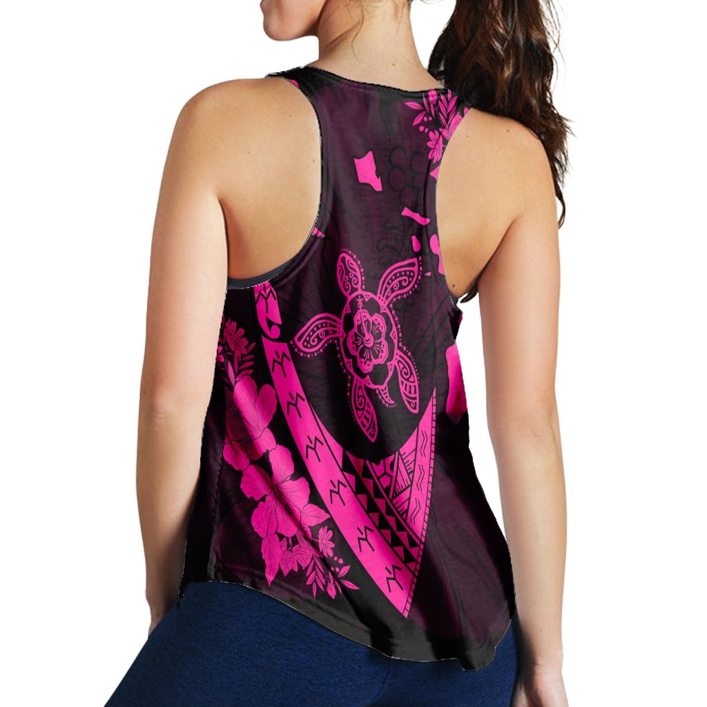 Hawaiian Map Hibiscus Turtle Fish Hook Polynesian Racerback Tank Pink - AH - Polynesian Pride