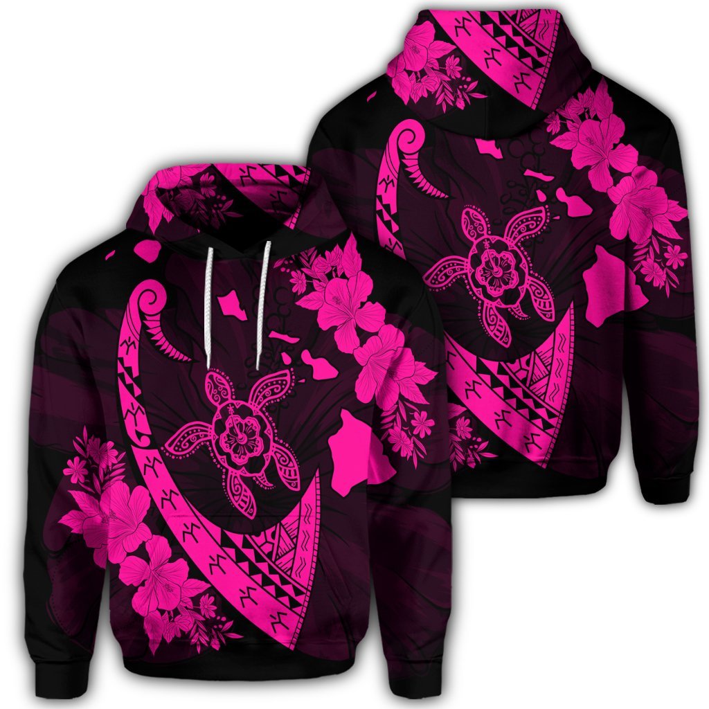 Hawaiian Map Hibiscus Turtle Fish Hook Polynesian Hoodie Pink Unisex Art - Polynesian Pride