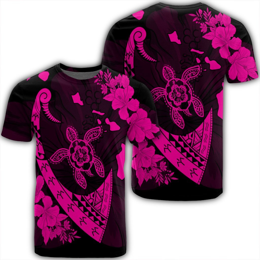 Hawaiian Map Hibiscus Turtle Fish Hook Polynesian T Shirt Pink Unisex Black - Polynesian Pride